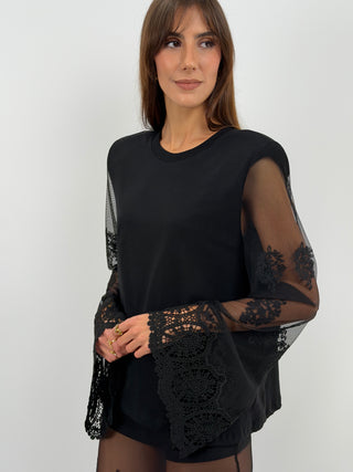 Black Top with Tulle Sleeves - Lumina