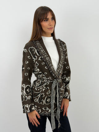 Cardigan con Cintura Marrone in Misto Lana