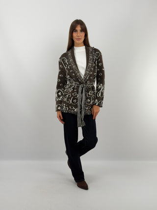 Cardigan con Cintura Marrone in Misto Lana