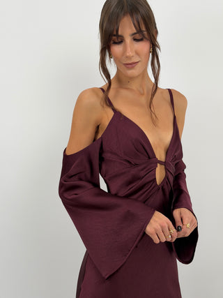 Abito Satin con Maniche Lunghe Burgundy