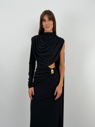 Long Black Dress with Cut Out and Draping
