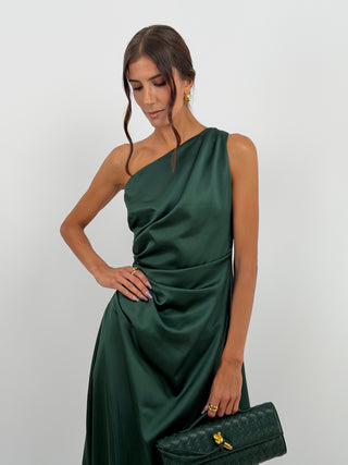 Abito Lungo Monospalla con Spacco Verde Smeraldo