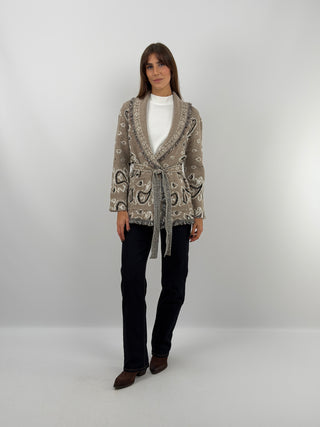 Cardigan con Cintura Beige in Misto Lana
