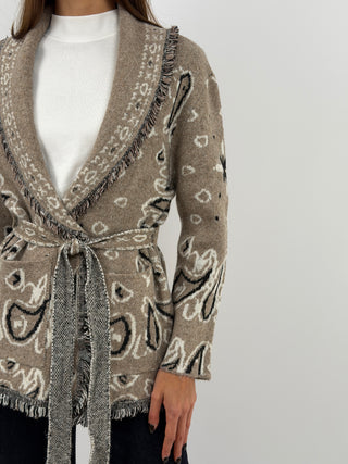 Cardigan con Cintura Beige in Misto Lana