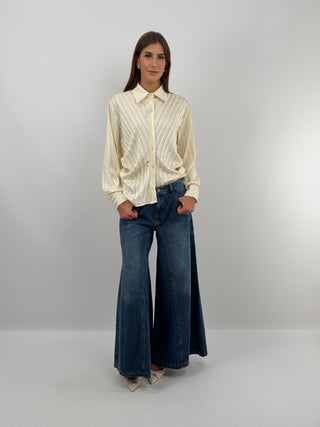 Chemise Rayée Crème à Fronces