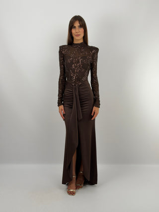 Abito Paillettes con Drappeggio Marrone
