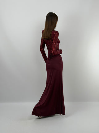 Abito Paillettes con Drappeggio Bordeaux