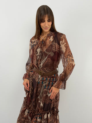 Brown Patterned Long Dress with Flounce