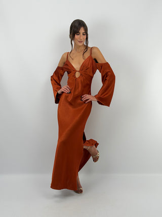 Abito Satin con Maniche Lunghe Ruggine