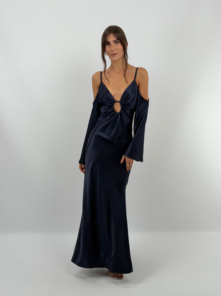 Abito Satin con Maniche Lunghe Blu