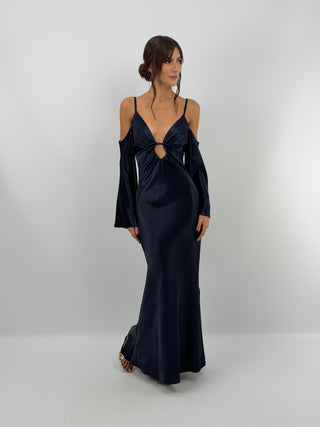 Abito Satin con Maniche Lunghe Blu