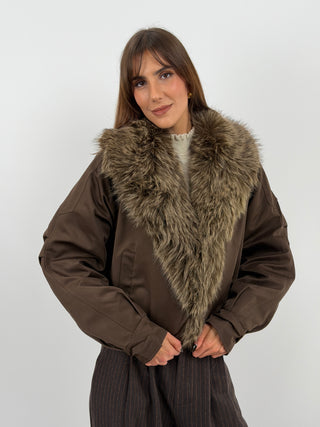 Brown Bomber Jacket with Fur