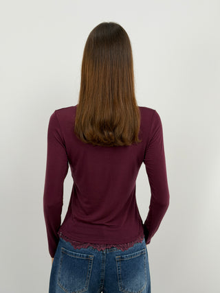 Pull Ultra-Léger avec Cachemire, Boutons et Dentelle Bordeaux