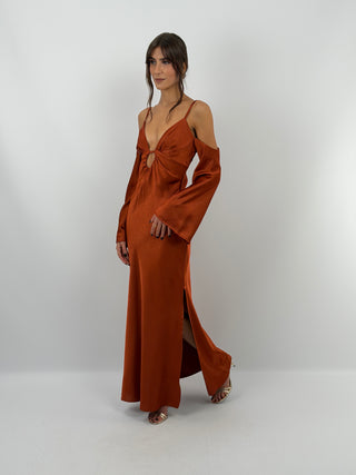 Abito Satin con Maniche Lunghe Ruggine