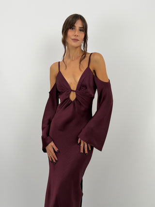 Abito Satin con Maniche Lunghe Burgundy
