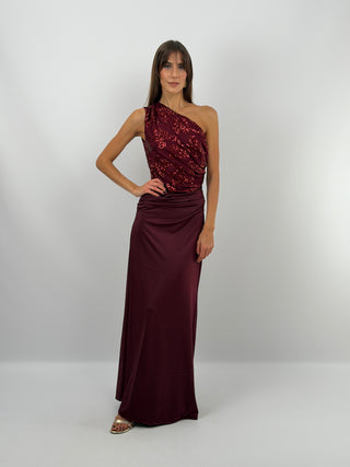 Abito Monospalla con Paillettes Bordeaux
