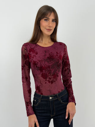Body Bordeaux en Velours à Motifs