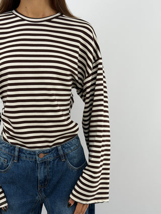 Cream Striped Top with Ruching