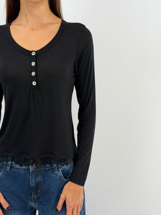 Pull Ultra-Léger avec Cachemire, Boutons et Dentelle Noir