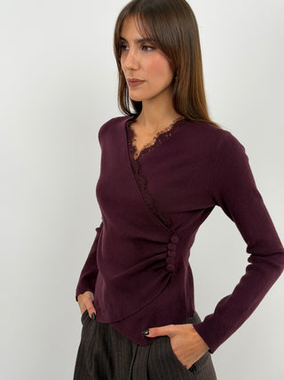 Maglia Incrociata con Pizzo Burgundy