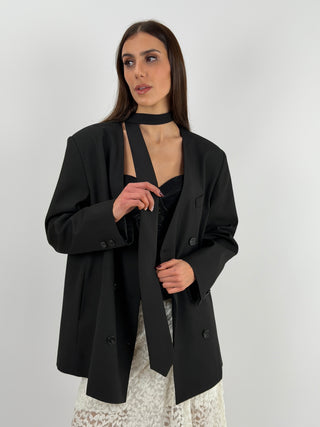 Blazer Lumina Nero Senza Revers con Cravatta