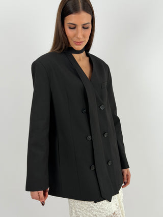 Blazer Lumina Nero Senza Revers con Cravatta
