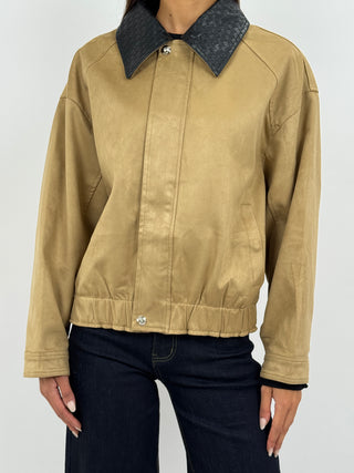 Giubbino in Suede con Colletto Intrecciato Beige