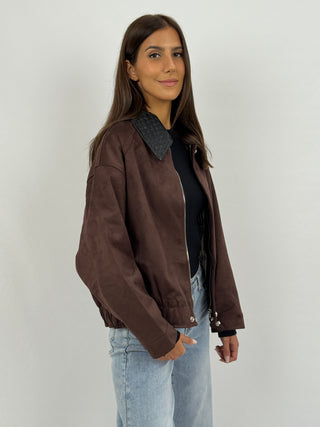 Giubbino in Suede con Colletto Intrecciato Marrone