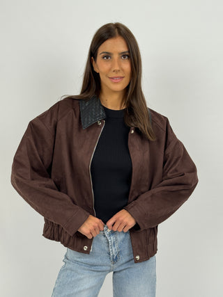 Giubbino in Suede con Colletto Intrecciato Marrone