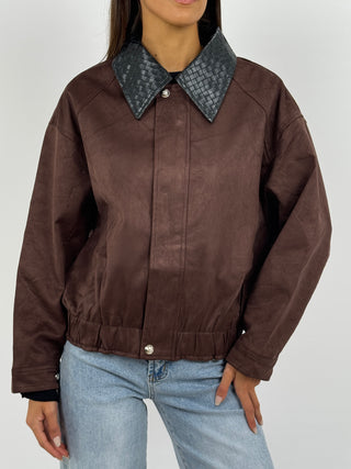 Giubbino in Suede con Colletto Intrecciato Marrone
