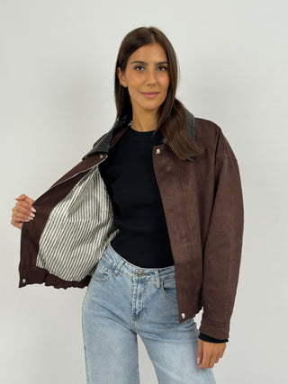 Giubbino in Suede con Colletto Intrecciato Marrone