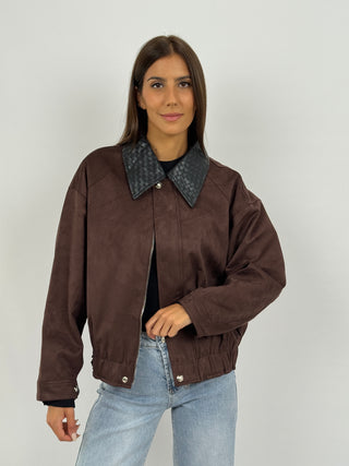 Giubbino in Suede con Colletto Intrecciato Marrone