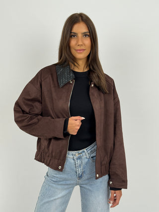 Giubbino in Suede con Colletto Intrecciato Marrone