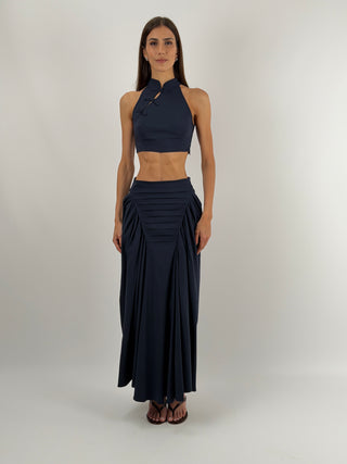 Set Top Mandarin e Gonna con Arricciature Blu Lumina
