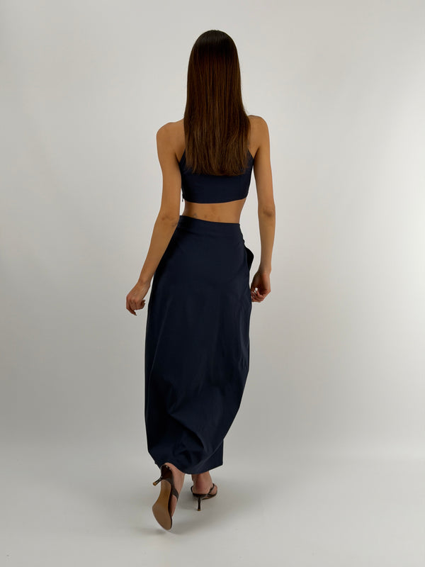 Set Top Mandarin e Gonna con Arricciature Blu Lumina
