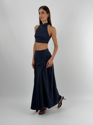 Set Top Mandarin e Gonna con Arricciature Blu Lumina