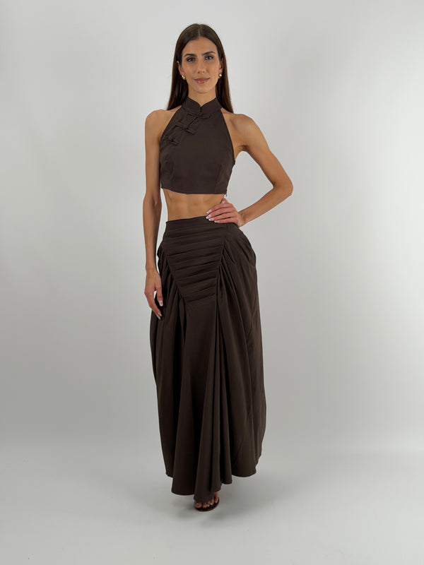 Set Top Mandarin e Gonna con Arricciature Marrone Lumina