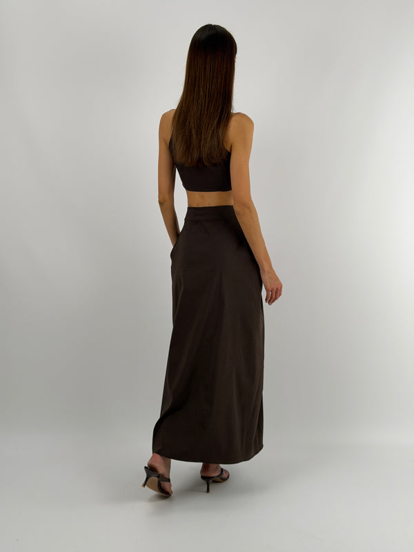 Set Top Mandarin e Gonna con Arricciature Marrone Lumina