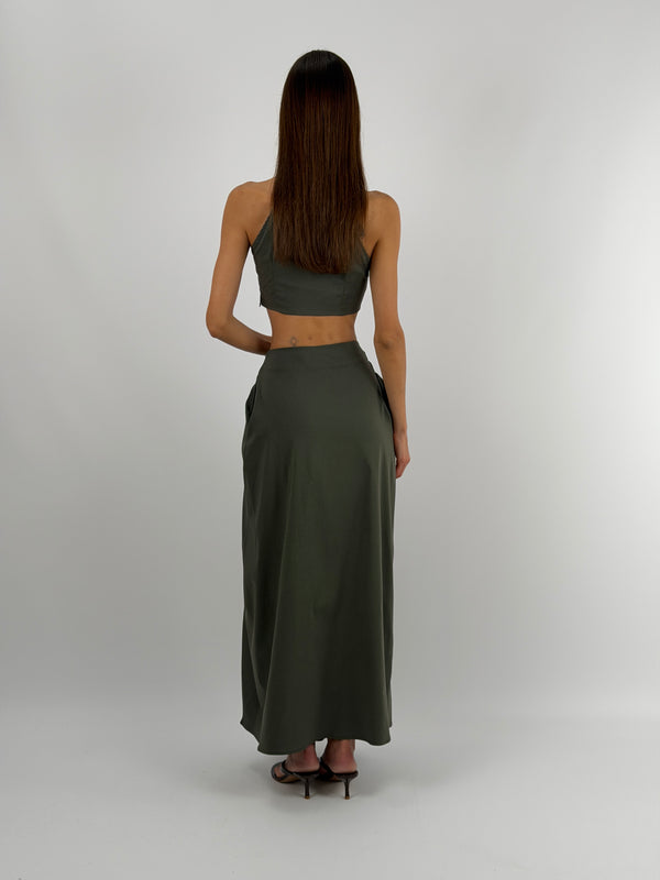 Set Top Mandarin e Gonna con Arricciature Verde Militare Lumina