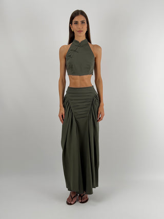 Gonna Verde Militare con Arricciature Lumina