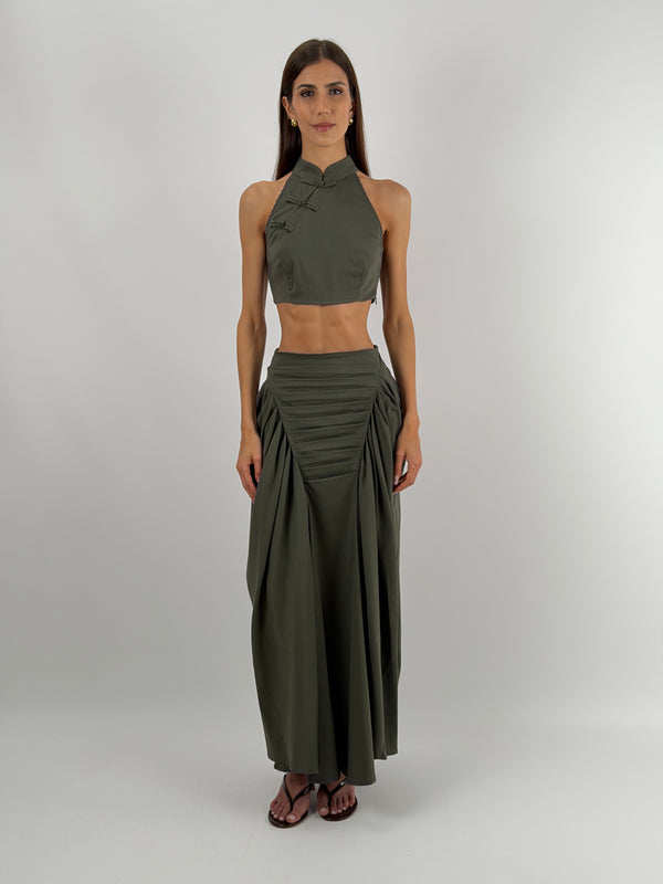 Gonna Verde Militare con Arricciature Lumina
