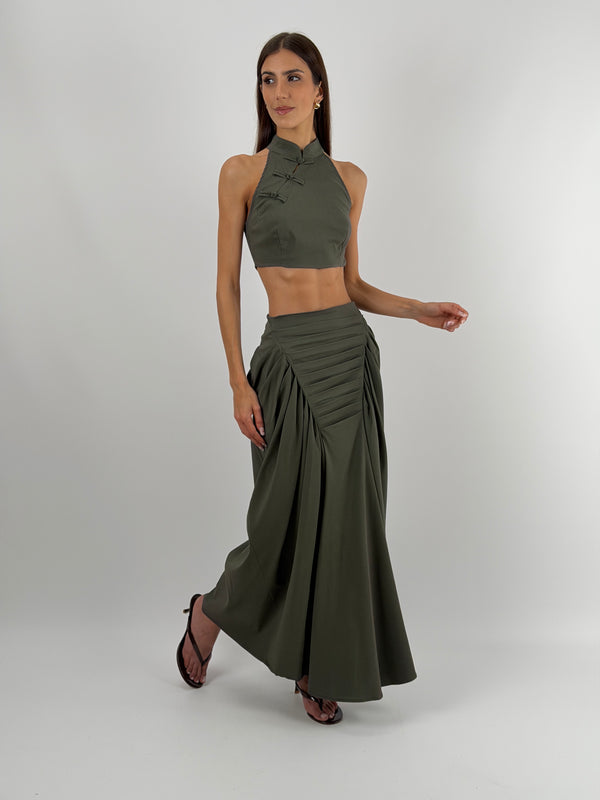 Gonna Verde Militare con Arricciature Lumina