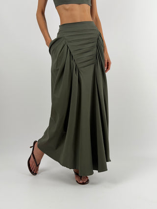 Gonna Verde Militare con Arricciature Lumina