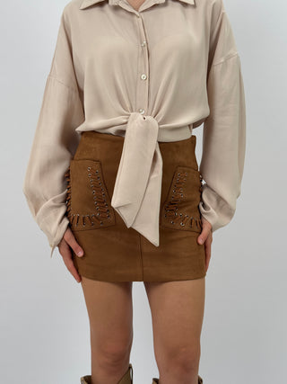 Gonna in Suede con Tasche Camel
