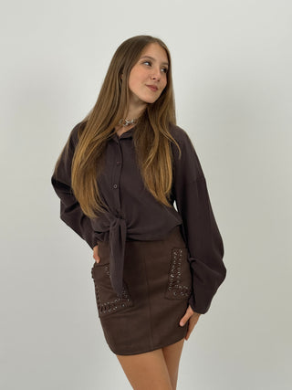 Gonna in Suede con Tasche Testa di Moro