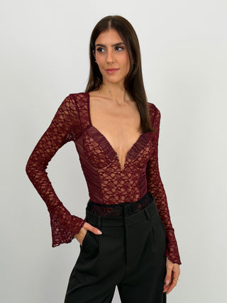 Body con Arricciature e Pizzo Bordeaux