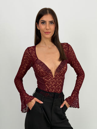 Body con Arricciature e Pizzo Bordeaux