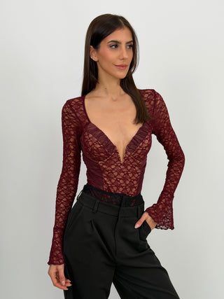 Body con Arricciature e Pizzo Bordeaux