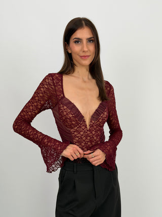 Body con Arricciature e Pizzo Bordeaux