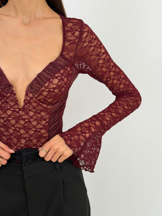 Body con Arricciature e Pizzo Bordeaux